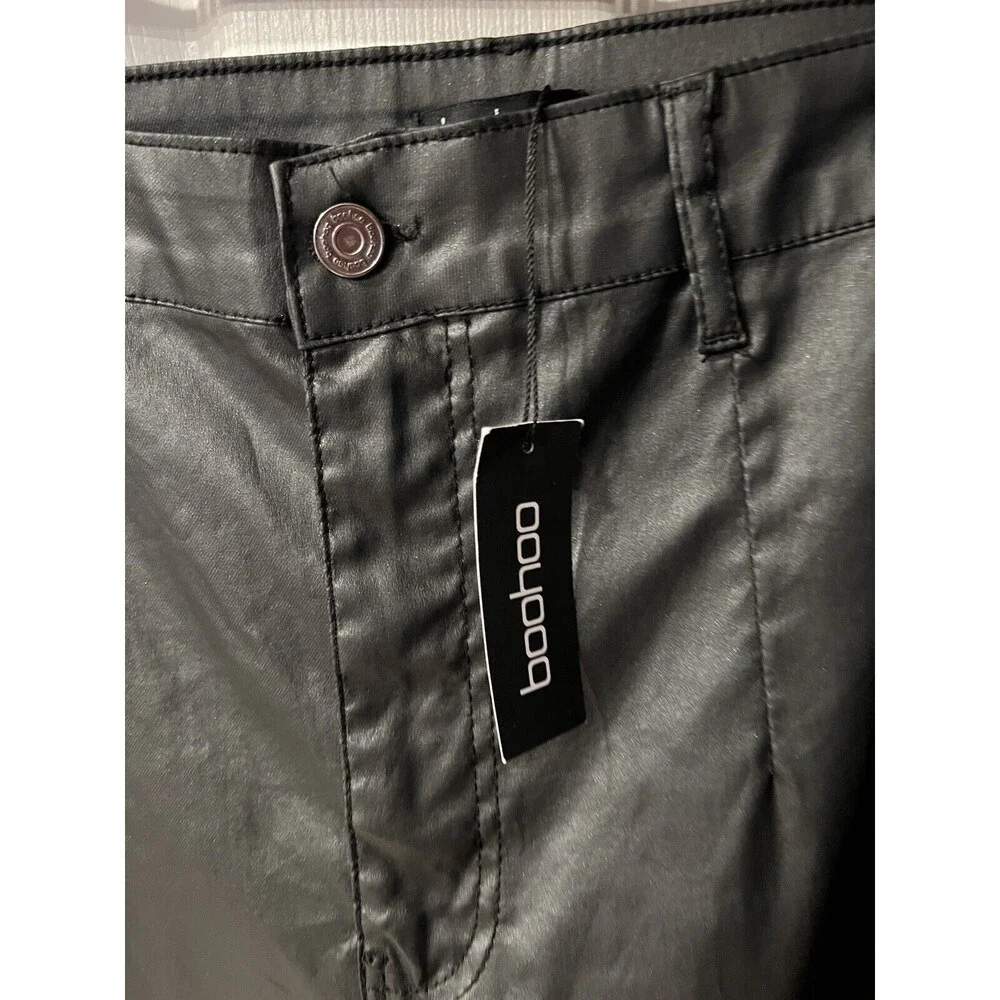 Boohoo jeans Womens Tall sz 14 vegan leather coated Split Hem Straight Leg New